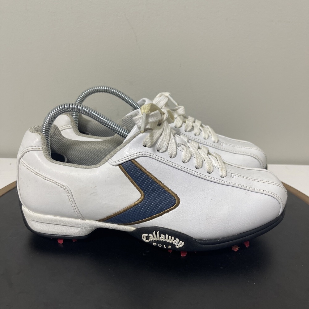 Callaway Golf Shoes Women Size 4.5 Spiked Leather White Navy Gold Athletic Golf